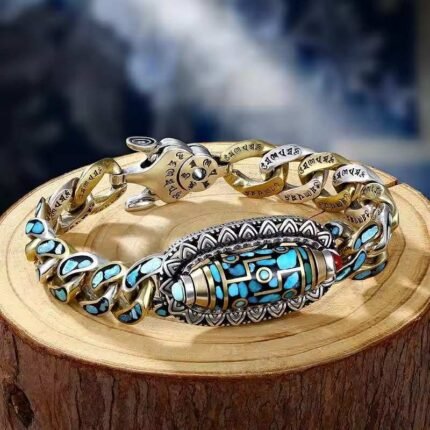 Turquoise Six-Character Mantra Nine-Eyed Dzi Bead Bracelet